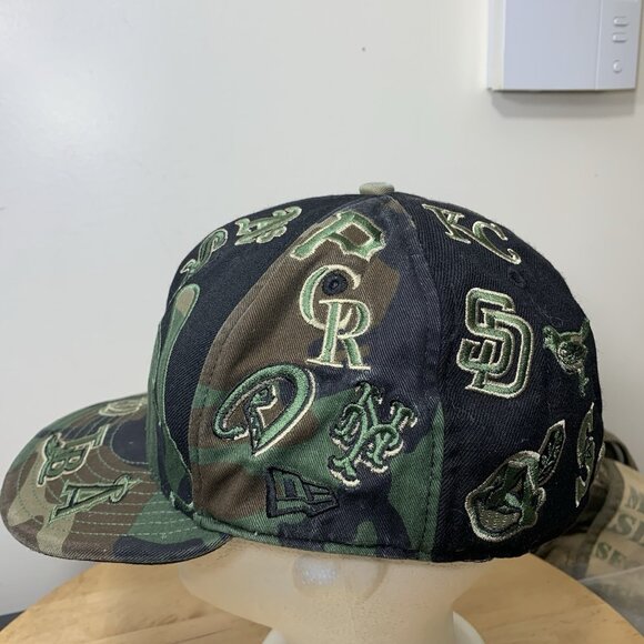 New Era Cap MLB All Over Team Logos 59Fifty Baseball Fitted Camo Hat  7 1/4 Rare - Picture 8 of 16
